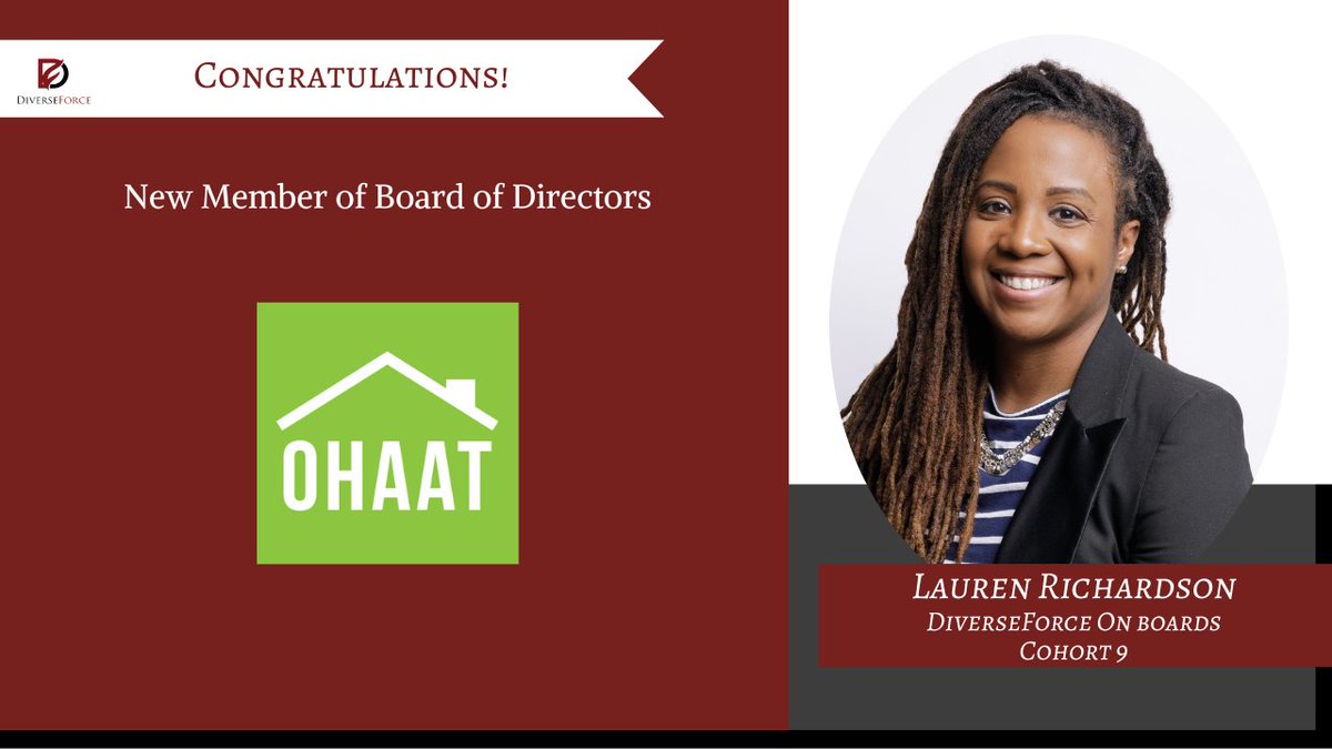 Huge congratulations to Lauren Richardson, an alumnus of our @DiverseForce On Boards Cohort 9, for becoming a new member of the Board of Directors for One House at a Time. #diverseforce, #diverseforceonboards