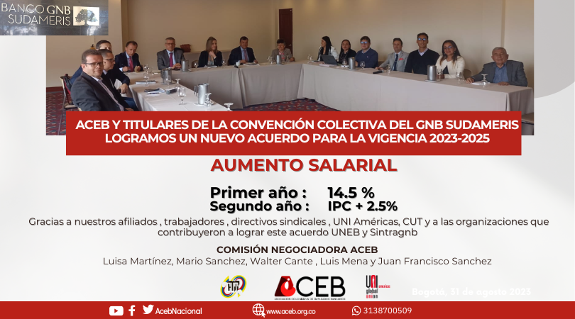 acebnacional's tweet photo. #FelizJueves en Bogotá , ACEB y titulares de la convención colectiva del GNB Sudameris logramos un nuevo acuerdo para la vigencia 2023-2025

Aumento salarial para el primer año de 14.5% y el 2° año IPC + 2.5 @cutcolombia @uniamericas @uniglobalunion  @guimaffeo @fabioariascut https://t.co/EgOqBr58t5