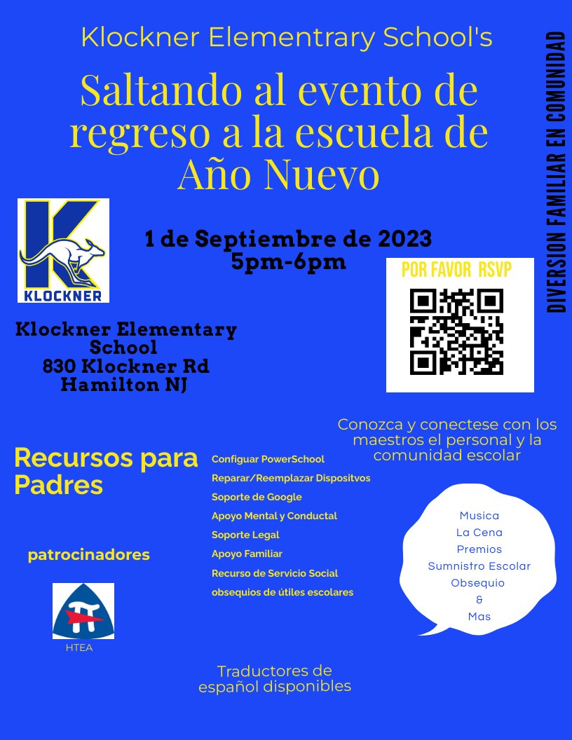Tomorrow, 9/1, is Klockner Elementary School’s Hopping into the New Year, 3:00 pm -  5:00 pm. We will give away school supplies and provide dinner, and our community partners will share resources.  Please RSVP via the flyer.  We hope to see you there.