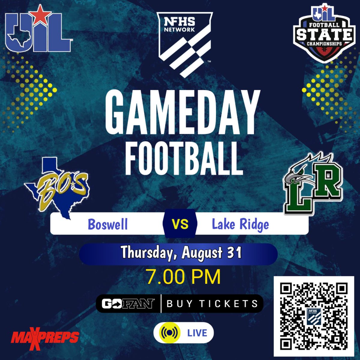 🏆UIL TEXAS FOOTBALL 
🏈 Boswell vs Lake Ridge
📽️ Live Streaming - bit.ly/3Pj9Dd3
📅Thursday, August 31 @ 7p
<a href="/BosFootball/">Boswell Football</a> <a href="/boswellhs/">Boswell High School</a> <a href="/ChristianLass07/">Christian Lassiter</a> @Deecon_Stewart @LiamStrauch15 <a href="/CoachHightower1/">Ethan Hightower</a> <a href="/coachwweaver/">Coach Wes Weaver</a> <a href="/AthleticBos/">Boswell High School Athletic Training</a> <a href="/LakeRidgeEagles/">LakeRidgeHighSchool</a> <a href="/LakeRidgeFB/">Lake Ridge Football</a> <a href="/RAYDENNEWSOME1/">𝑅𝒶𝓎 “ 𝓂𝑜𝒸𝒾𝓉𝓎 “ 𝒩𝑒𝓌𝓈𝑜𝓂𝑒🛸</a>