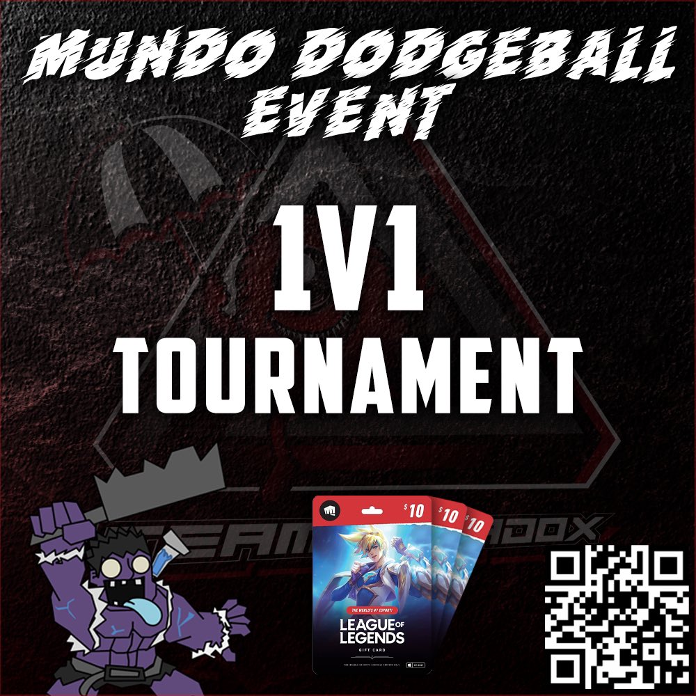 1vs1 Mundo dodgeball event by Team Paradox. 

If you wish to participate, scan the QR code or join our discord: discord.gg/98x7wDGha4 then go to the tournament section for more information 

Riot RP cards for the winners🏆

Shares &amp; retweets are appreciated ❤️

#lol #Event