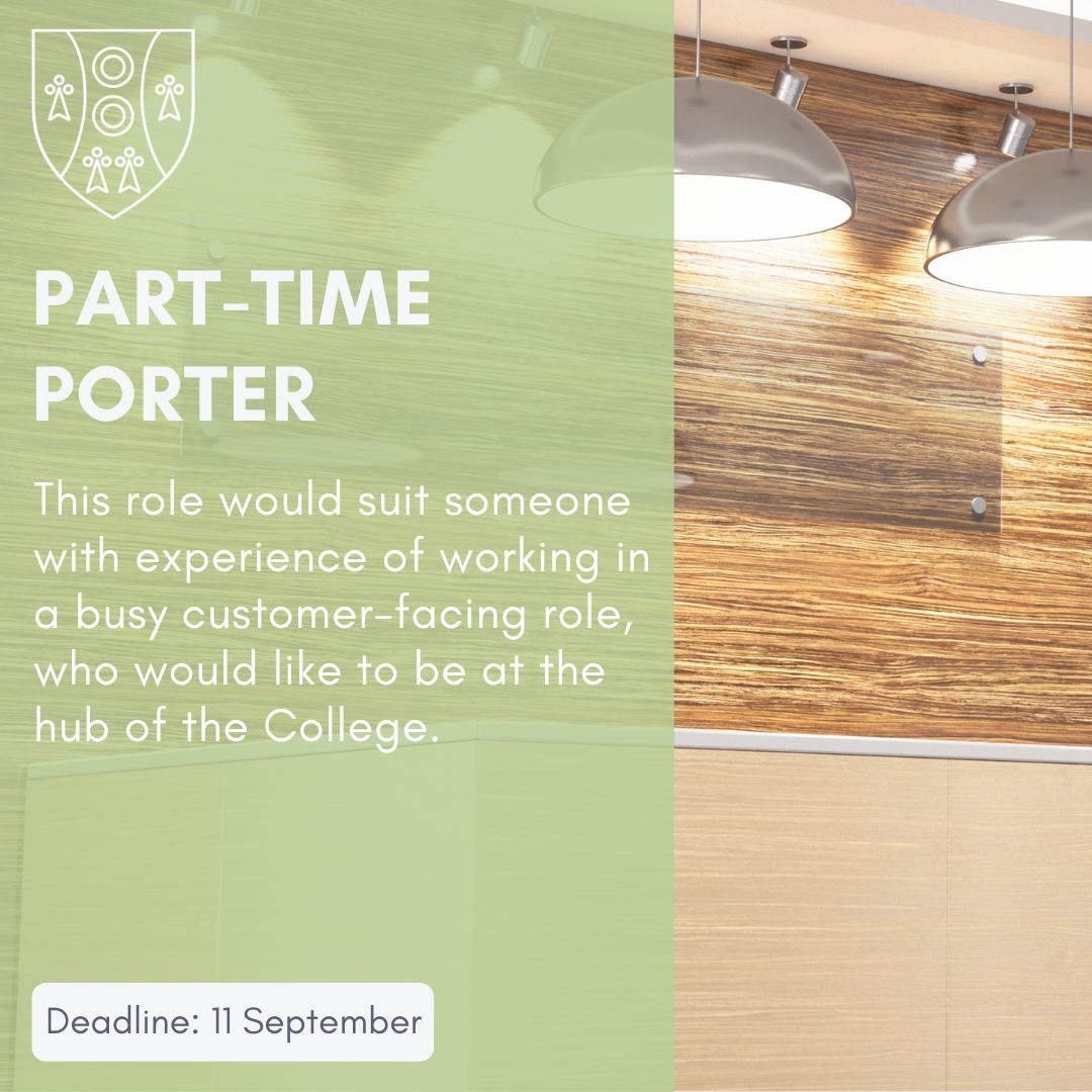 Want to join our team?
We have a vacancy for a permanent part-time Porter, who will be at the very heart of Reuben College.
Applications close on 11 September - so be quick!
parkscollege.web.ox.ac.uk/vacancies

#werehiring #reubencommunity #workwithreuben