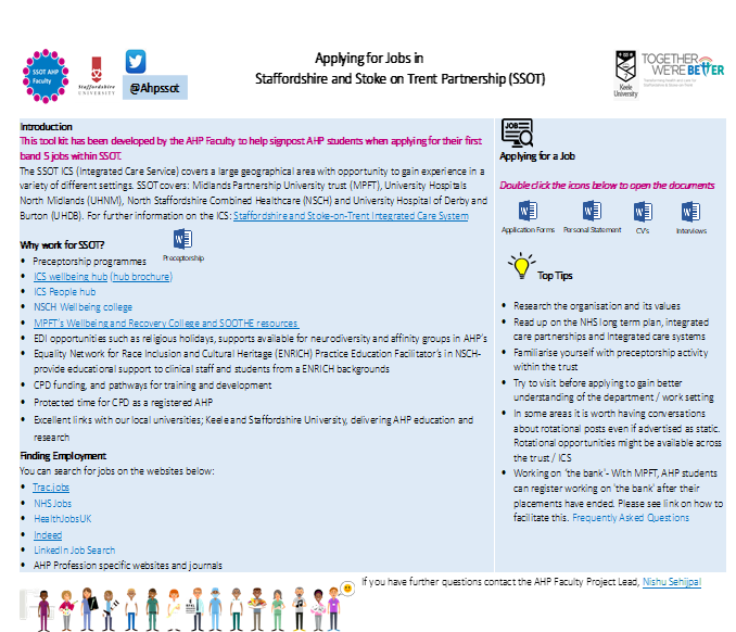 This toolkit offers a quick guide and top tips for students applying for their graduate role as an AHP.
   
It was developed  in collaboration with AHP’s and AHP students in SSOT ICS.

Please access the interactive toolkit using this link:

future.nhs.uk/system/login?n…