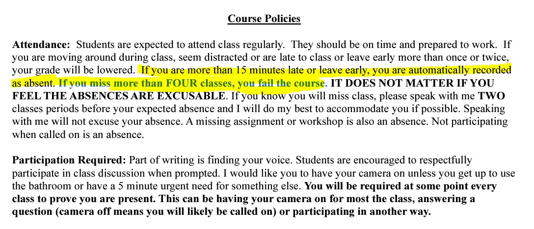 MatthewSpoor's tweet photo. I'm taking this writing class @washtenawcc. It's been a while since I've been in college, so I'm curious what folks think about this attendance policy. I've already missed one day because I added it late. It's already stressing my #ADHD ass out!  #AcademicTwitter https://t.co/OL3fGbI0Hp