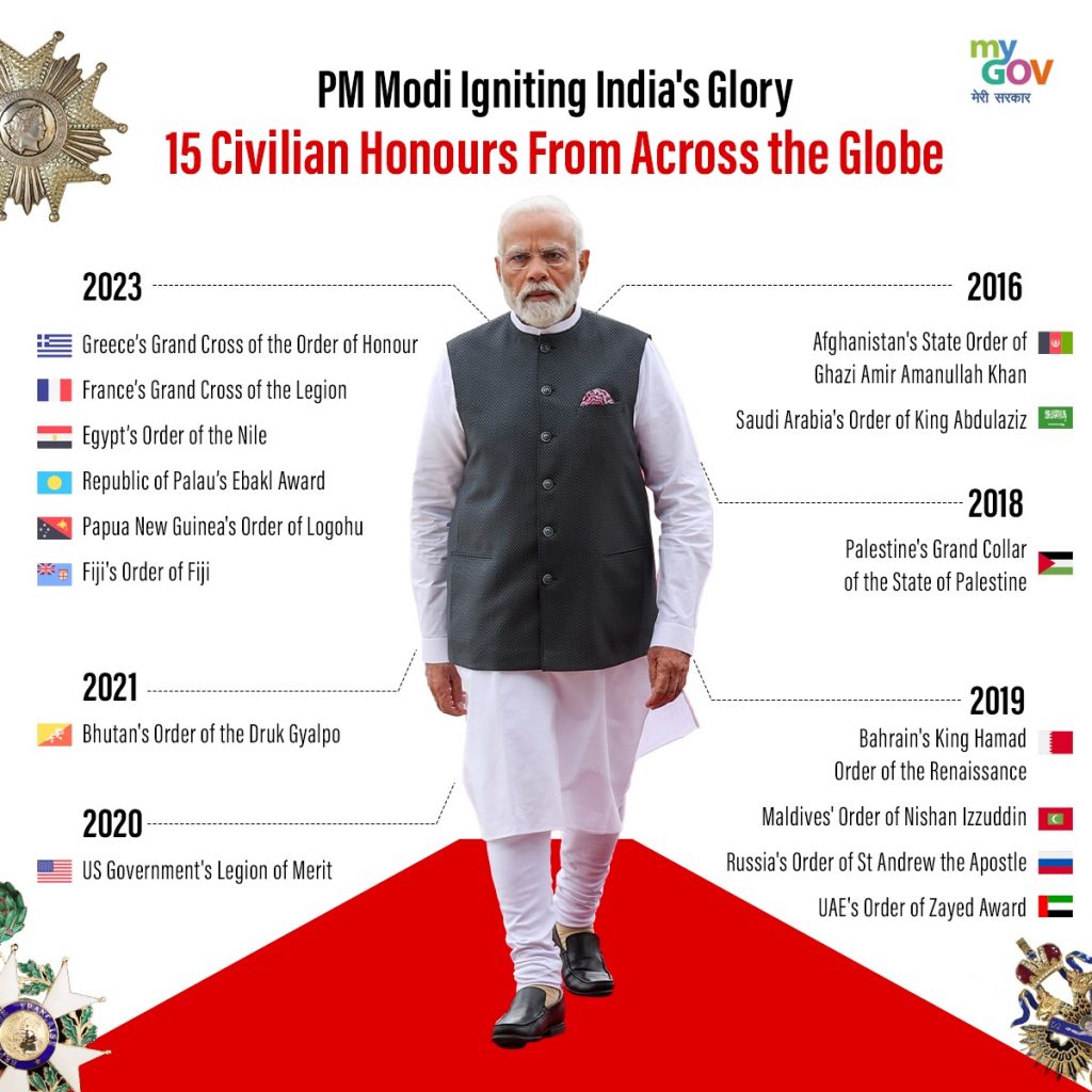 Prime Minister <a href="/narendramodi/">Narendra Modi</a> was conferred upon Greece’s top civilian accolade, The Grand Cross of the Order of Honour. A testament to the deep bond between our nations &amp; the immense respect Greece has for India. 
#MyGovActivities #PMModiInGreece  #NewIndia #Greece #PMModi #MyGov