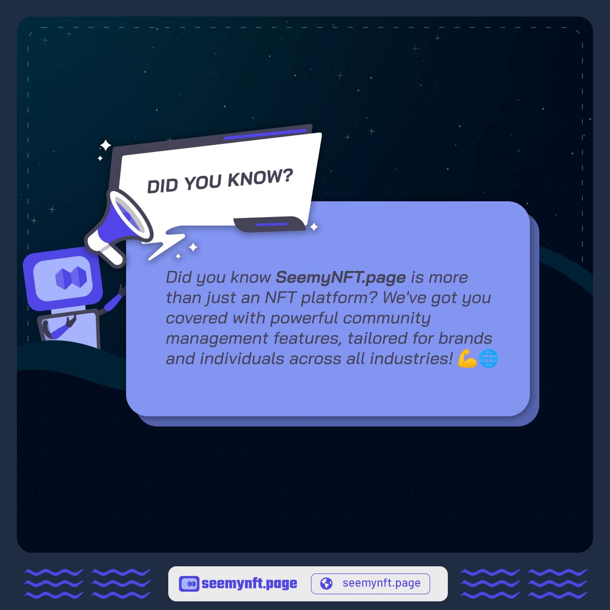 Did you know SeemyNFT.page is more than just an NFT platform? We've got you covered with powerful community management features, tailored for brands and individuals across all industries! 💪🌐 Learn more seemynft.page #nft #NFTs #nftcommunity