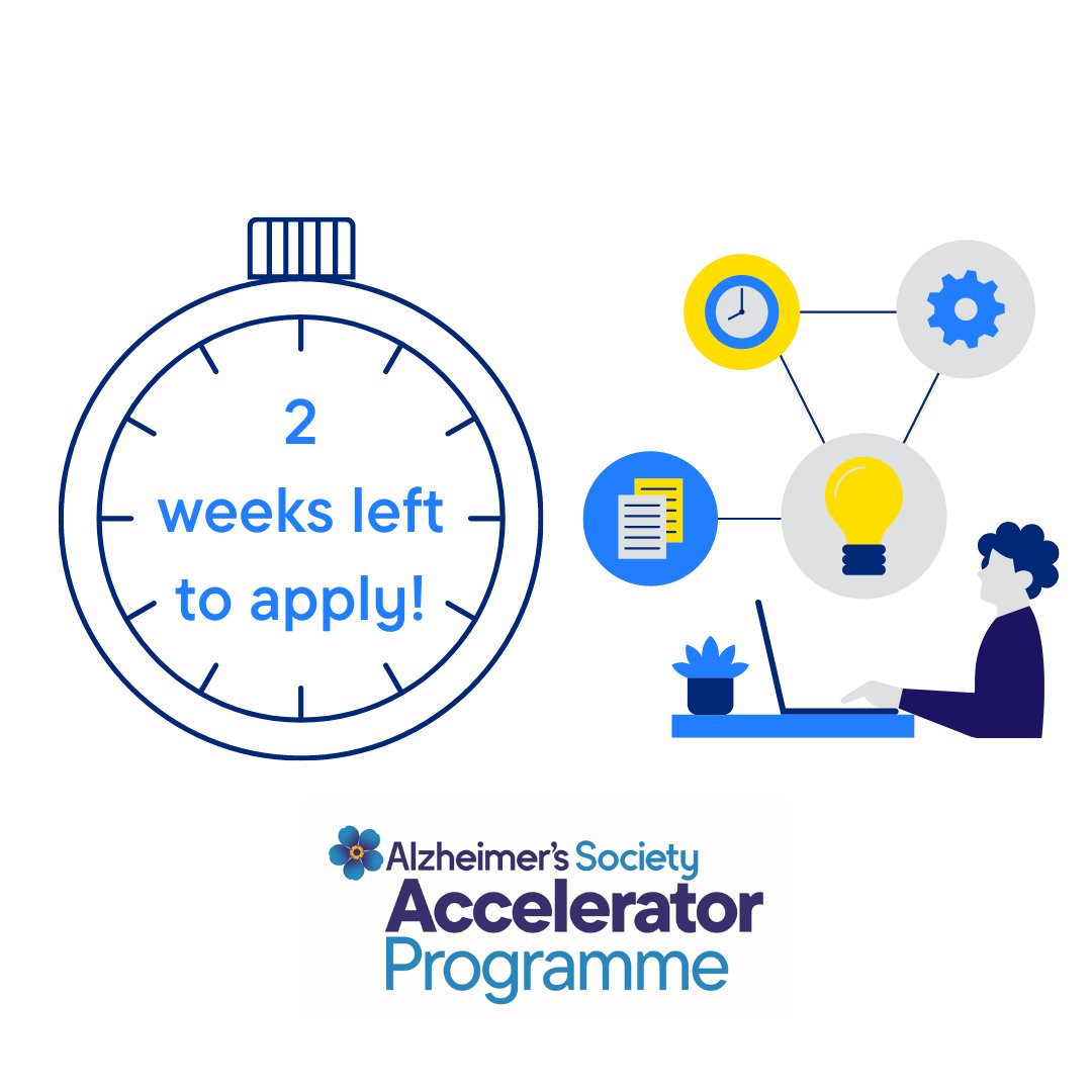 Countdown! 

TWO weeks left until Accelerator applications close. 

200,000 people with dementia still do not have a diagnosis and need one.

 Do you have an idea or product that can help those affected by dementia? To applications bit.ly/3qR1Kly