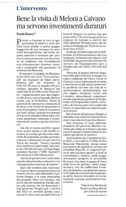 Che fine ha fatto il progetto per l’impianto di video sorveglianza finanziato dal
ministro <a href="/mara_carfagna/">Mara Carfagna</a> a #caivano?
E le altre risorse del Cis Terra dei Fuochi?
Ed i Lep asili nido e trasporto disabili?
E le risorse per assumere altri assistenti sociali?
#IlMattino
