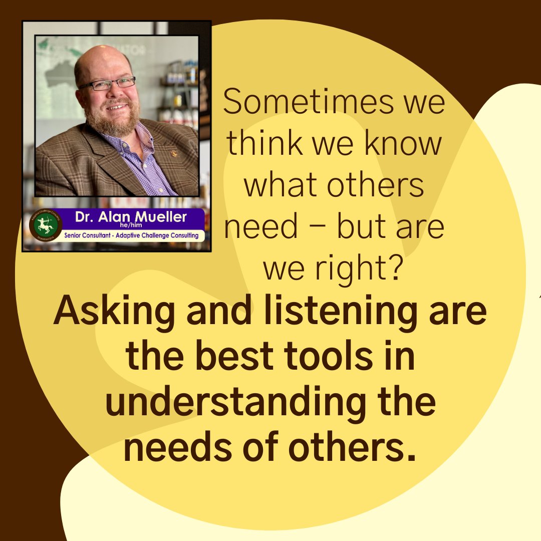 ACCLeadership's tweet photo. Sometimes we think we know what others need - but are we right? Asking and listening are the best tools in understanding the needs of others.
https://t.co/XZFkDh11PK
#leadershipconsulting #diversityandinclusion #leadershipdevelopment #leadershipcoaching #adaptivechallenge https://t.co/LYv9qLrSNY