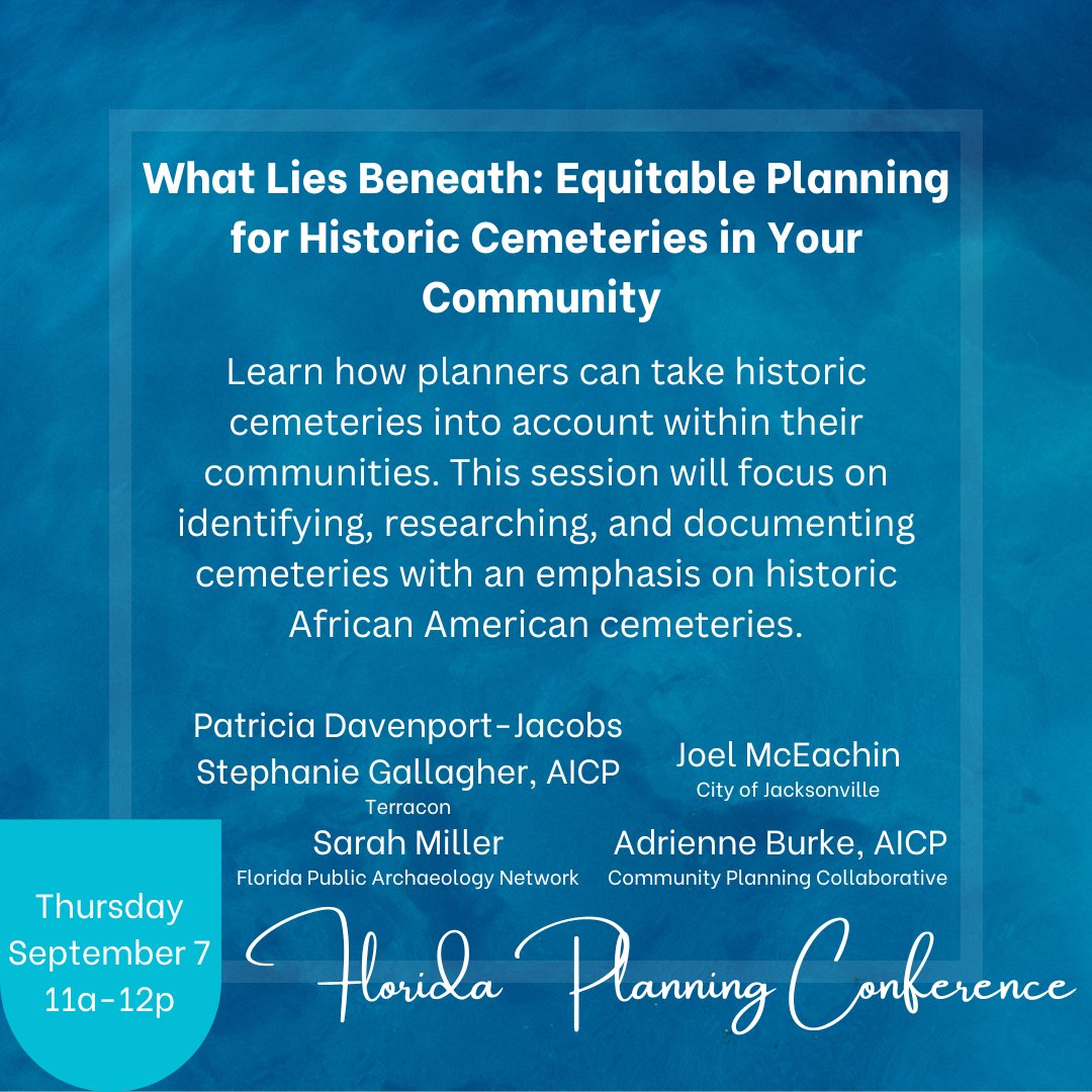 planningcollab's tweet photo. Join Adrienne &amp; other great speakers  to discuss planning for historic cemeteries in your community! This session will be presented next week here in #Jacksonville at the Florida Planning Conference. 

#historicpreservation #culturalheritage #urbanplanning https://t.co/i9PTwwtge6