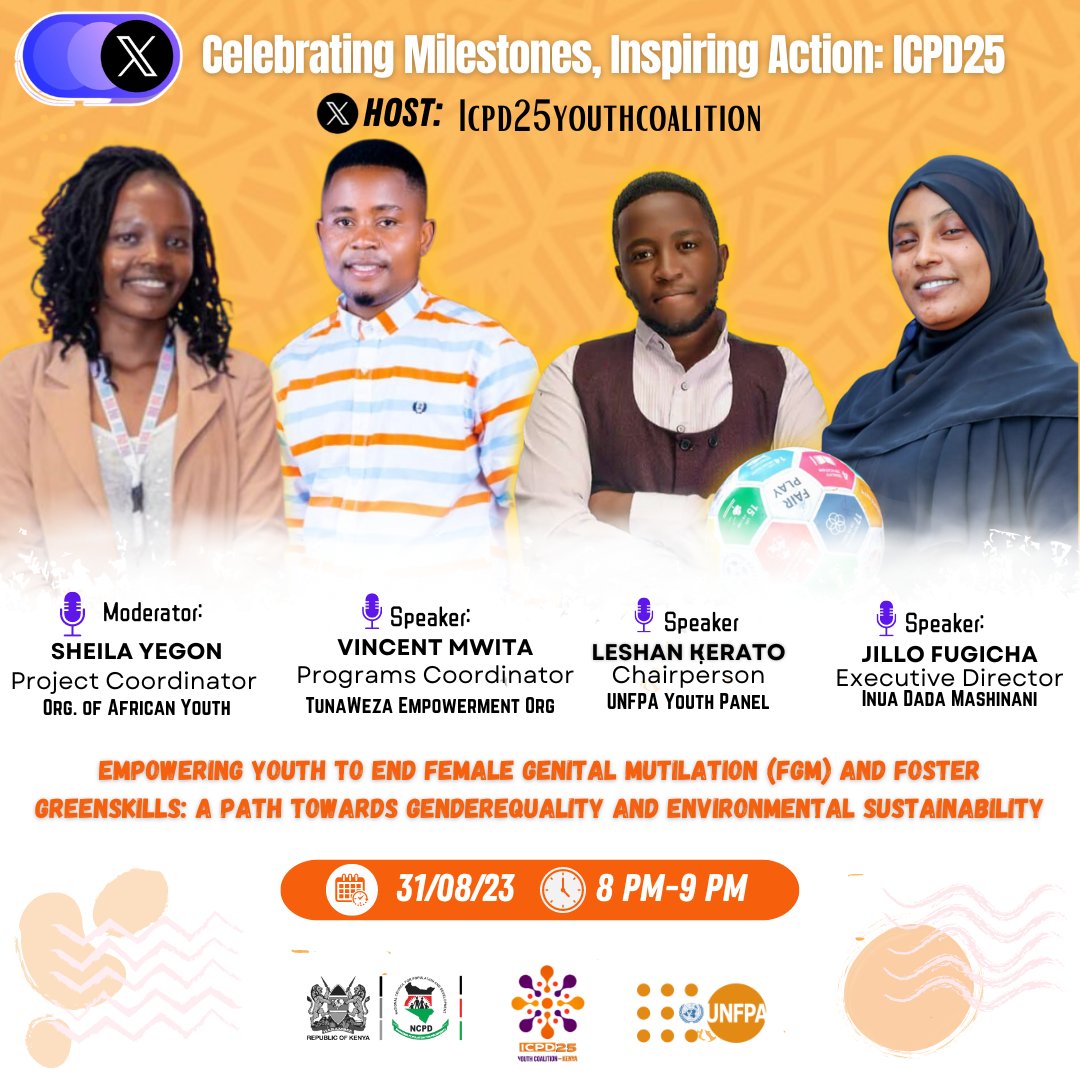 Join us TONIGHT for a dynamic X-space on empowering youth to end #FGM and embrace #Greenskills! 

 🔗  bit.ly/3L08Paz

#EndingFGMC #TheMarchContinues 
@UNFPAKen @KemeaKenya @GPtoEndFGM