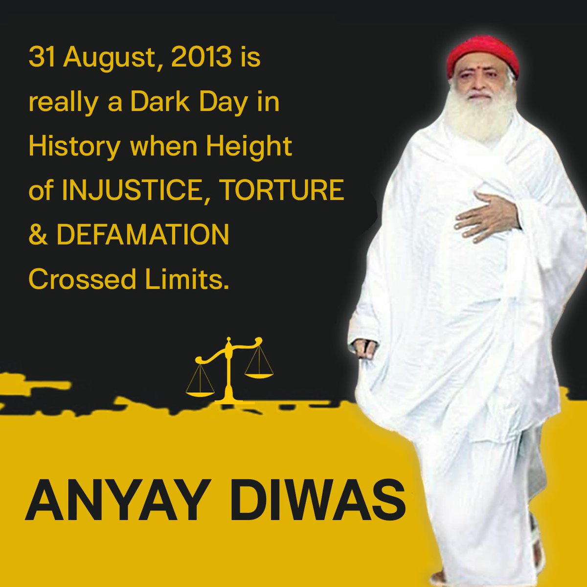 Anyay Diwas 31 अगस्त,जब धर्मविरोधी ताकतों ने Pre-planned Conspiracy के तहत, हिन्दूधर्म एवं संस्कृति की रक्षा करने वाले निर्दोष संत श्री आसाराम बापूजी को कानून का मजाक उड़ाते गिरफ्तार किया #सत्य_हुआ_शर्मसार प्रश्न है कि सज़ा का आधार सिर्फ़ pocso के प्रावधान होने चाहिए या ठोस सबूत