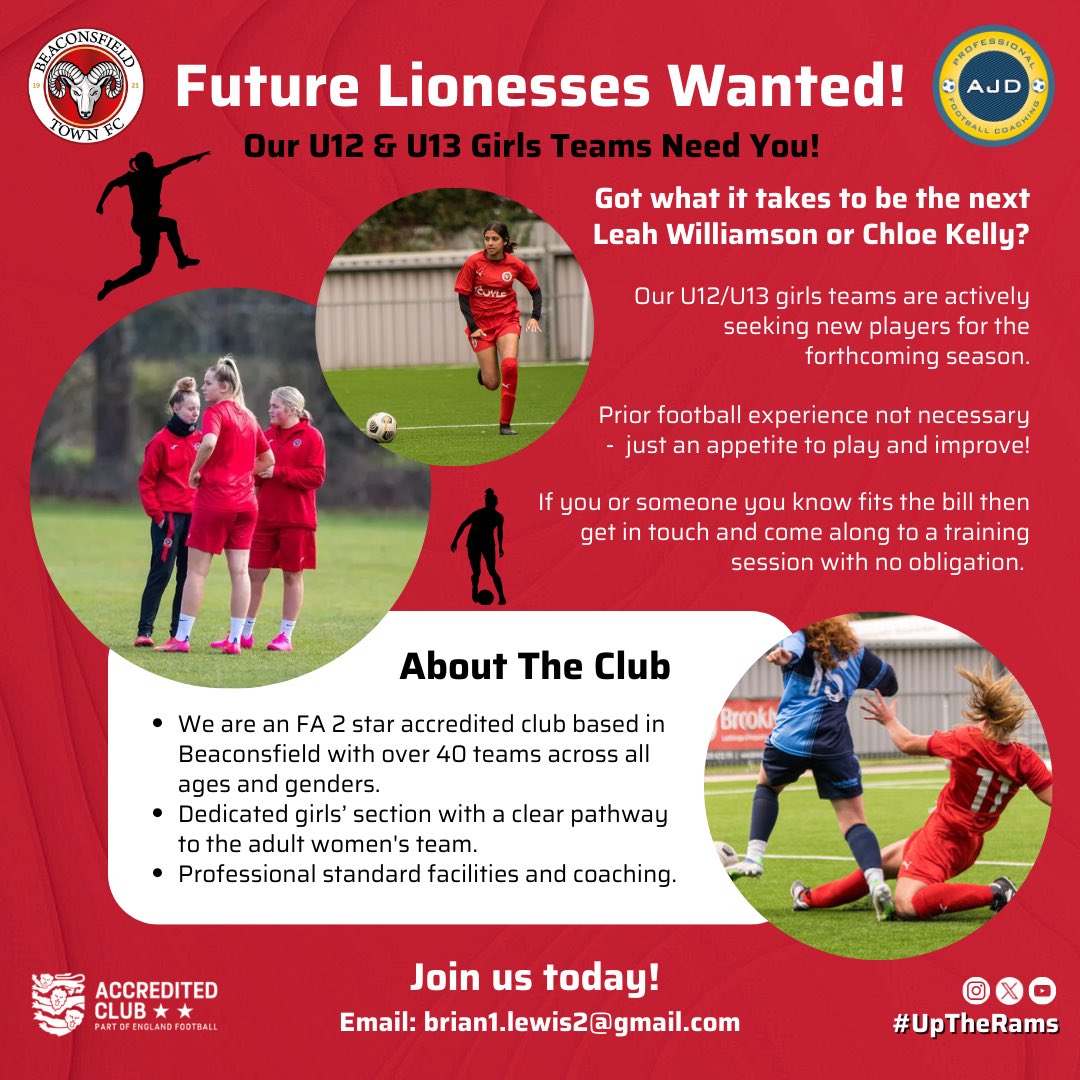 We’re on the lookout for players for our U12/U13 Girls’ Teams ahead of the new season! 🔎⚽️

If you’re aware of anyone who may be interested, please drop us a DM or contact brian1.lewis2@gmail.com for more information. 📩

#grassrootsfootball #lionesses #football #beaconsfield