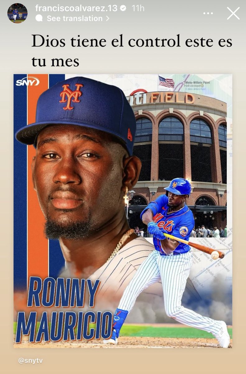SNY_Mets's tweet photo. Francisco Alvarez and Mark Vientos congratulate Ronny Mauricio on getting called up to the Mets

Alvarez: “God is in control, this is your month”

Vientos: “My brother” https://t.co/xQ3xw4ATQ2