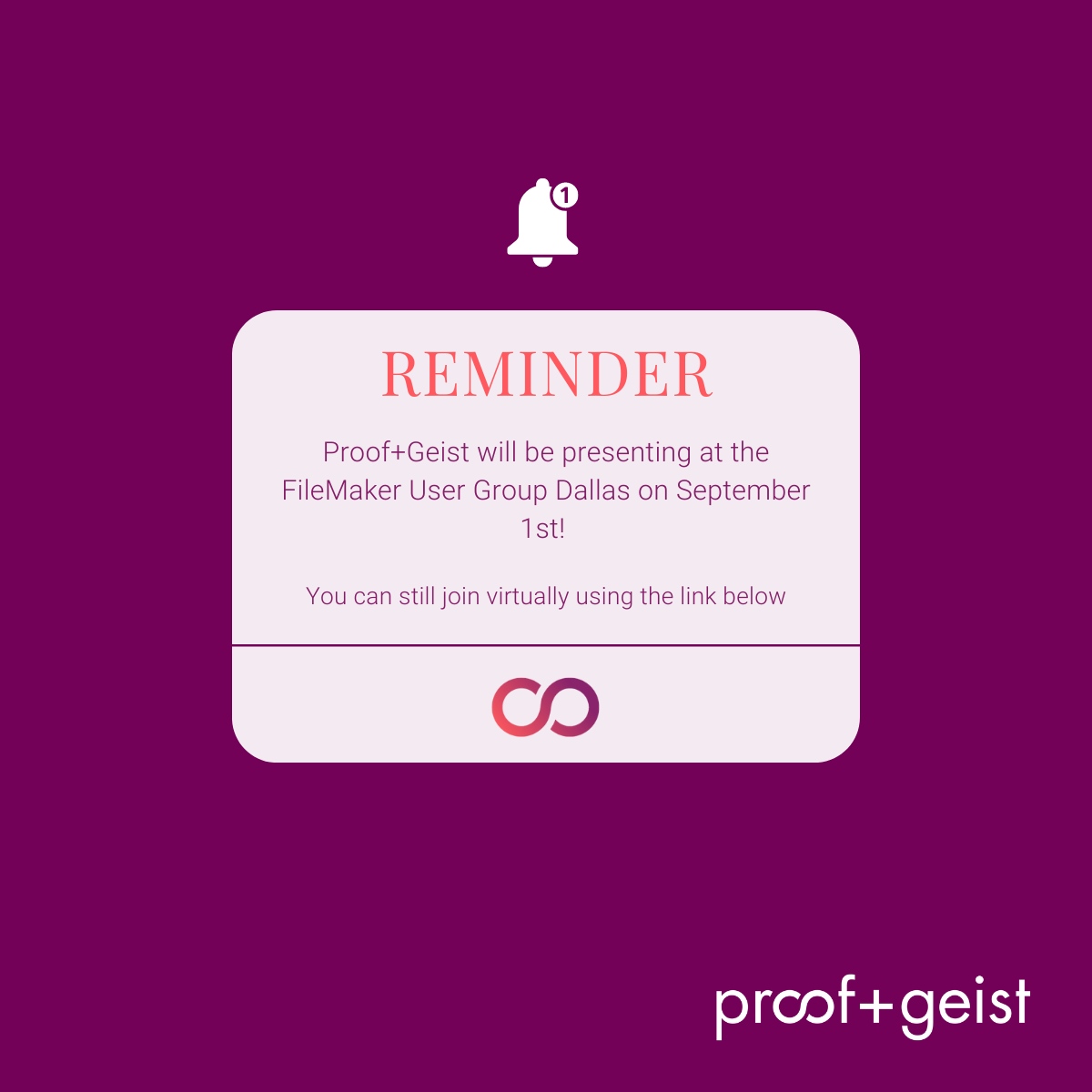 🔔 Reminder! 🔔 Tomorrow, September 1st at 11:15am CST, Proof+Geist will be presenting at the FileMaker Pro User Group Dallas Chapter and discussing Otto. Join us in person, or virtually!

Learn more here: fmpugdallas.com