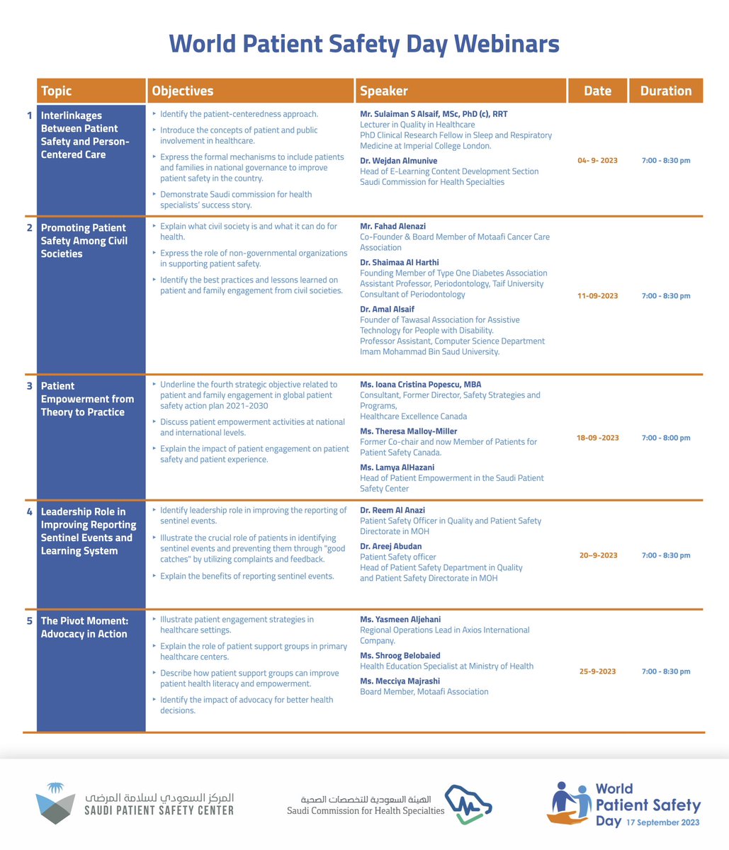 SAUDIPSC's tweet photo. The Saudi Patient Safety Center is dedicated to promoting patient safety and improving healthcare quality. As part of their efforts, SPSC is hosting a series of webinars in alignment with the World Patient Safety Day. These webinars cover various topics related to patient safety.
#WorldPatientSafetyDay 
https://t.co/4reekWO5Wm