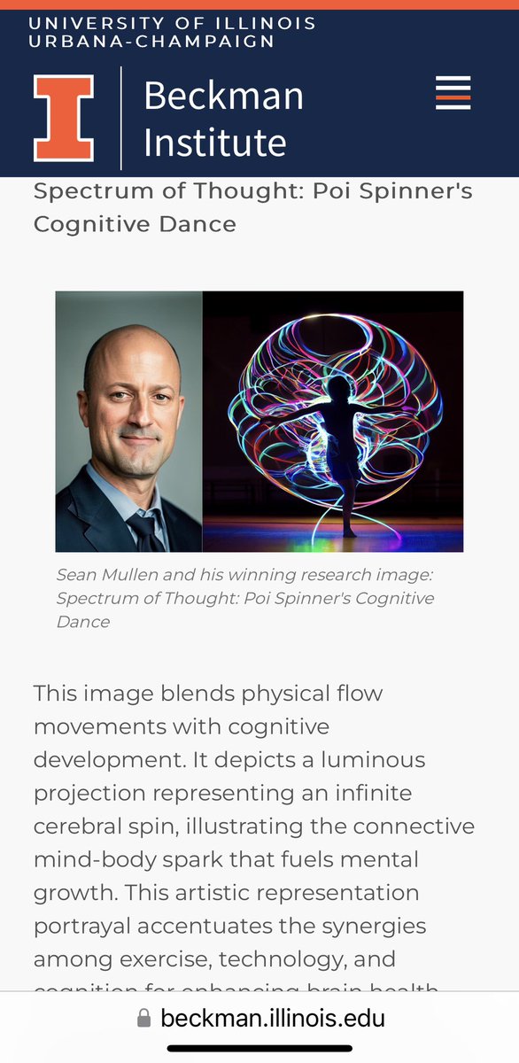 drseanmullen's tweet photo. Honored to be 1 of 6 researchers (& 1 of 2 faculty) recognized in the 2023 @BeckmanInst Research Image Contest. My piece, “Spectrum of Thought: Poi Spinner's Cognitive Dance,” melds movement, AI, & the mind-body connection. It's a tribute to the power of exercise, tech, and cognition in brain health. @EtcLab @AHSIllinois 

https://t.co/GZVeMJyPvL