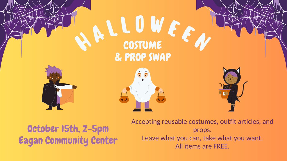DVRecycling's tweet photo. Spiders and Cobwebs and Bats, oh my! It's that spooky time of year again where we look for a Halloween costume. If you want to avoid the scare of not finding a costume, join us on Oct. 15 for the second annual costume and prop swap at the Eagan Community center from 2-5pm! https://t.co/BwZcWWUB7h