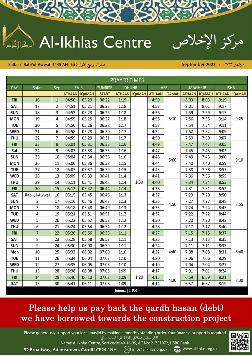 September prayer timetable