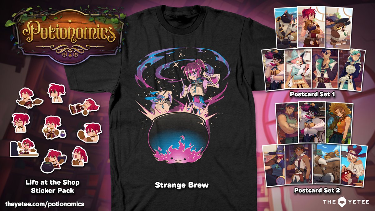 🎉MERCH LAUNCH!🎉
We excited to be teaming up with <a href="/theyetee/">The Yetee @theyetee.com 🟦☁️🦋</a> to launch official Potionomics merch!
The Potionomics Collection includes character postcards, a Sylvia sticker pack and an awesome t-shirt. Available now at The Yetee shop!✨