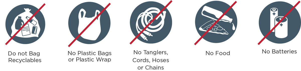 DVRecycling's tweet photo. Reminder: Plastic bags cannot be put in the recycling cart! When plastic bags get put in the cart, they tangle the machines and pose a risk of injury to the workers. https://t.co/UY10xtE9mr