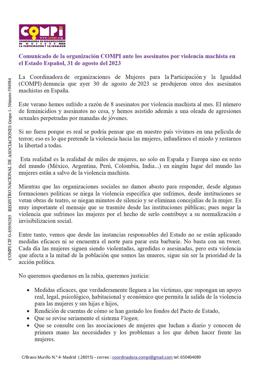 CoordinaCOMPI's tweet image. #ViolenciaMachista la Coordinadora de organización de mujeres #Compi se pronuncia ante la insostenible situacion de #feminicidios #España 👉🏽@FOMLorca @AgoraFederacion @mararianr @COAMIFICOA_FED @PorTiMujerONGD @CIMTM @MujeresCERES @JuristasThemis @MViolencia0 @_MujeresXLaPaz