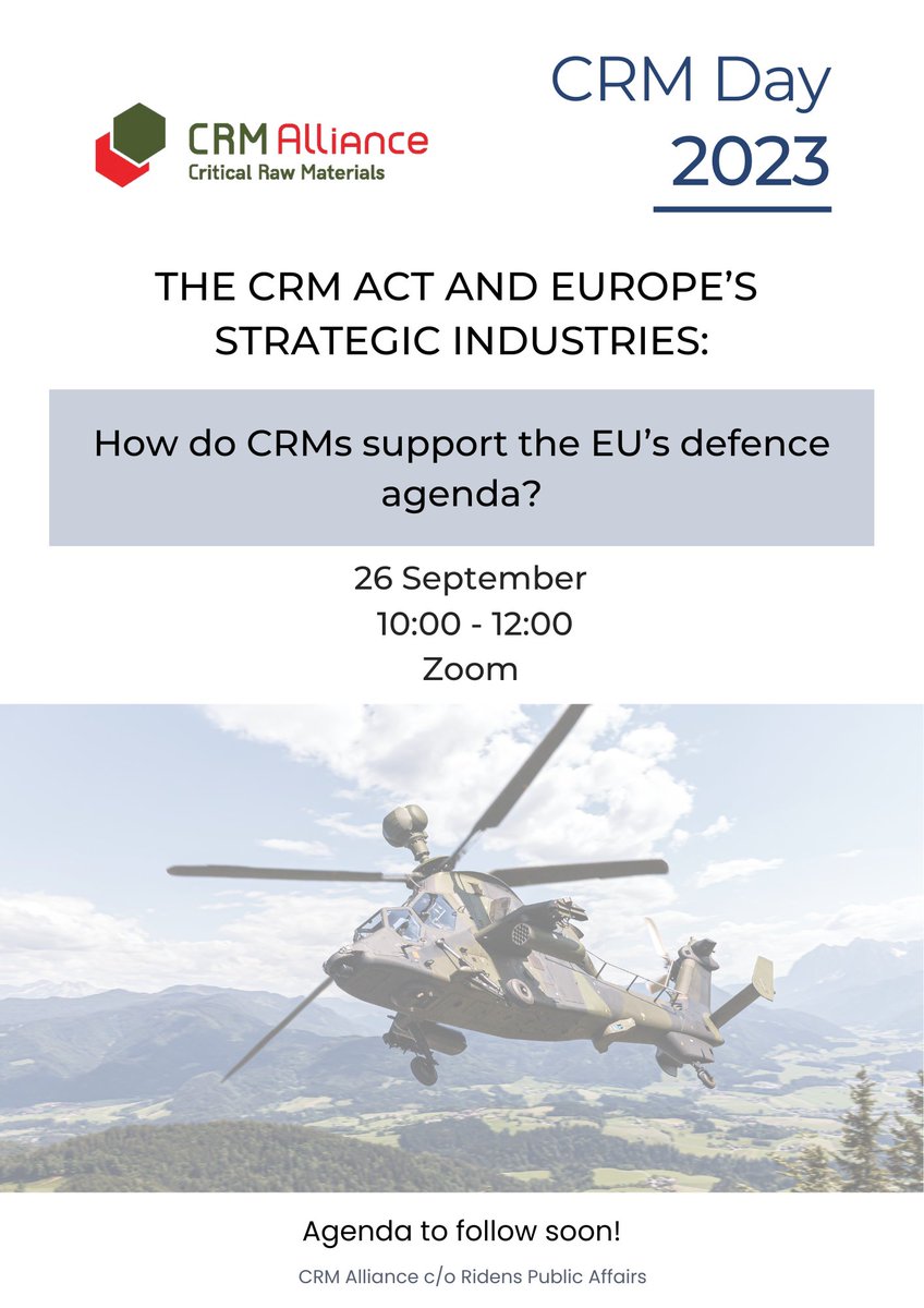 📢REMINDER! Register to our webinar "The CRM Act and Europe’s strategic industries: How do CRMs support the EU’s defence agenda?" 

share-eu1.hsforms.com/1GkAMad7CSna3I…

When: 26 September at 10:00 (Brussels time)

Speakers will be announced soon!

#webinar #CRMA #defence #industry #EU