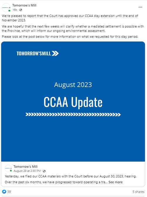 'We're pleased to report that the Court has approved our CCAA stay extension until the end of November 2023. We are hopeful that the next few weeks will clarify whether a mediated settlement is possible with the Province, which will inform our ongoing environmental assessment.…