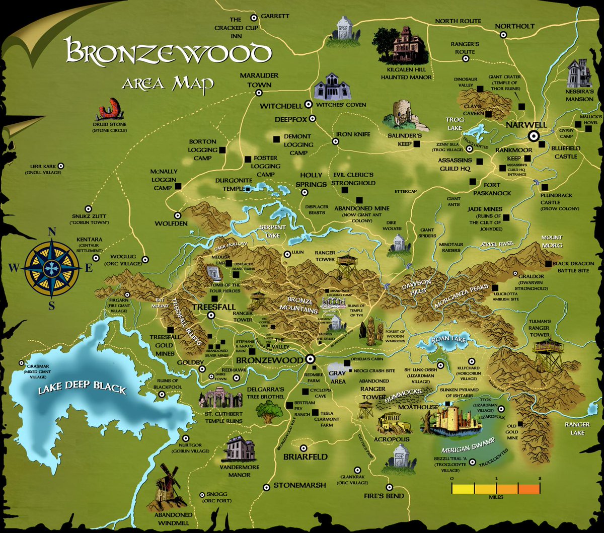 Loston_Wallace's tweet photo. #AdvancedDungeonsAndDragons #DnDMaps #RPGSetting
Here's my WIP on the Bronzewood Area Map. It is a look at the area around the town. Cities like Narwell and towns like Bronzewood and Treesfall are depicted here, w/ things like the Ranger towers, ruins, graveyards, etc https://t.co/UcthtB5c3L