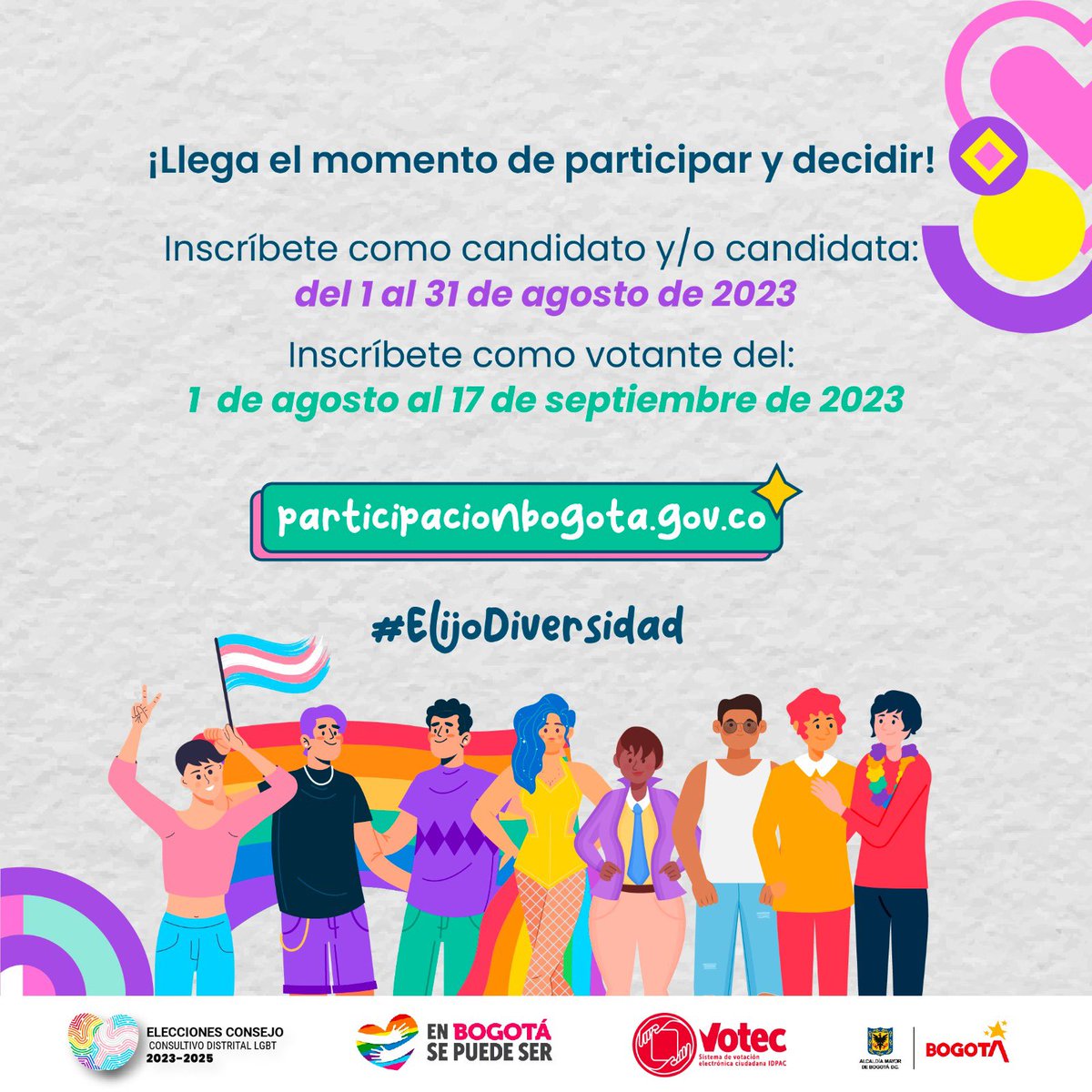 IDIGER (@idiger) on Twitter photo ¿Sabías qué los consejeros 🧔🏻y consejeras LGBT 👩🏾proponen lineamientos en materia de política pública para la garantía de los derechos de las personas diversas? Inscríbete como candidato o candidata hasta el 31 de agosto en votec.participacionbogota.gov.co/elections/insc… 🌈🏳️🌈 #ElijoLaDiversidad #Votec ¿Sabías qué los consejeros 🧔🏻y consejeras LGBT 👩🏾proponen lineamientos en materia de política pública para la garantía de los derechos de las personas diversas? Inscríbete como candidato o candidata hasta el 31 de agosto en votec.participacionbogota.gov.co/elections/insc… 🌈🏳️🌈 #ElijoLaDiversidad #Votec