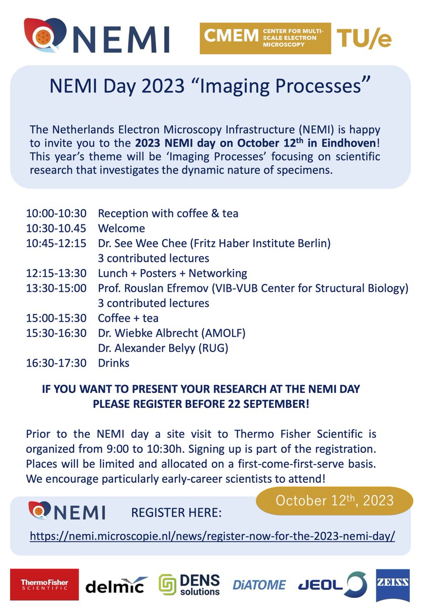 📢𝗡𝗘𝗠𝗜 𝗗𝗮𝘆 𝟮𝟬𝟮𝟯 𝗔𝗻𝗻𝗼𝘂𝗻𝗰𝗲𝗱!📢NEMI Day 2023 will officially take place on 𝗢𝗰𝘁𝗼𝗯𝗲𝗿 𝟭𝟮𝘁𝗵 in Eindhoven! This years theme is "Imaging Processes"🔬

👉Register via the link: nemi.microscopie.nl/news/register-…

<a href="/ProjectNemi/">NEMI</a> @TUeindhoven #microscopy #electronmicroscopy