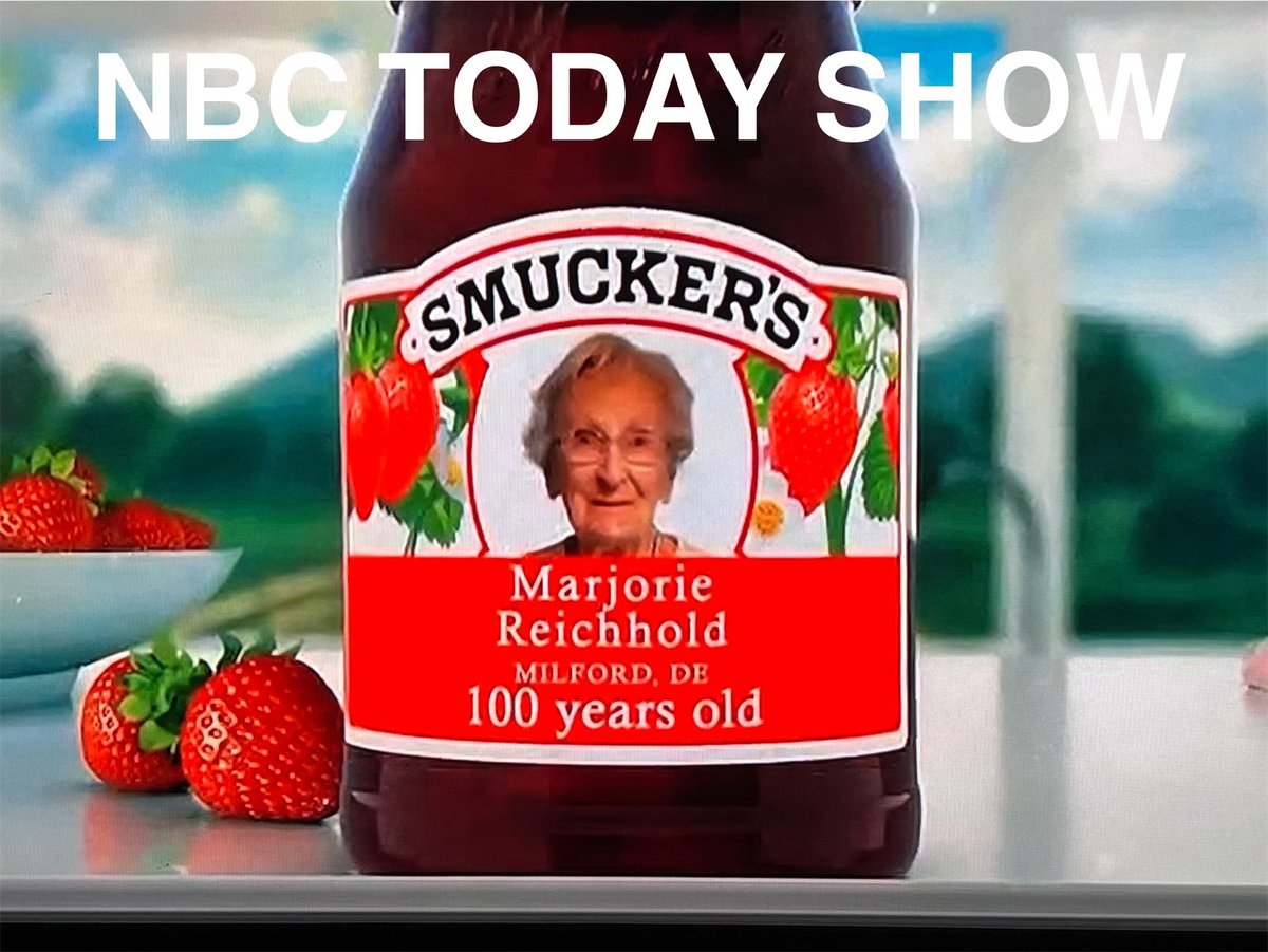 #MilfordDelaware Historical Society:  HAPPY BIRTHDAY TO MARJORIE REICHHOLD
.
She was honored with her picture on the SMUCKER’S JAR in honor of her 100th Birthday on the NBC TODAY SHOW
.
The Society extends our best wishes to this dear member of our Society