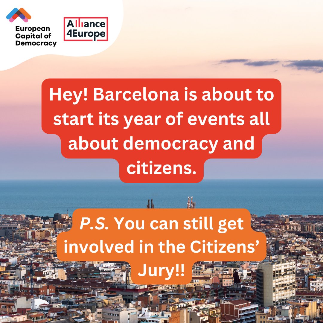 Alliance4Europe's tweet photo. Joining the Citizens' Jury is your chance to have a say in how European democracy is shaped. This year's European Capital of Democracy is Barcelona – the next one is up to you! 🔗https://t.co/BPNCo27r9W. #ECoD #democracy #Europe @politicsawards @ECoD_network https://t.co/ABIIVE95hd