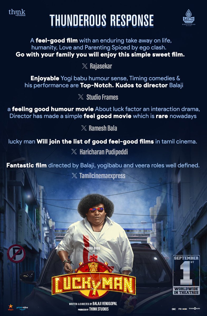 Sakthi Film Factory (@sakthifilmfctry) on Twitter photo Surrounded by Positivity and Overwhelmed for the incredible response to #LuckyMan✨
Book Now- bit.ly/3EjmXI5
#LuckyManFromTomorrow
#LuckyMan Reviews
#TimeToFeelGood
<a href="/iYogiBabu/">Yogi Babu</a> <a href="/ThinkStudiosInd/">Think Studios</a> <a href="/balajesaar/">BalajeSaar</a> <a href="/ActorVeeraBahu/">Actor Veera</a> <a href="/actorabdool_lee/">Abdool Lee</a>
<a href="/RaichalRabecca/">Raichal rabecca</a> <a href="/RSeanRoldan/">Sean Roldan</a> Surrounded by Positivity and Overwhelmed for the incredible response to #LuckyMan✨
Book Now- bit.ly/3EjmXI5
#LuckyManFromTomorrow
#LuckyMan Reviews
#TimeToFeelGood
<a href="/iYogiBabu/">Yogi Babu</a> <a href="/ThinkStudiosInd/">Think Studios</a> <a href="/balajesaar/">BalajeSaar</a> <a href="/ActorVeeraBahu/">Actor Veera</a> <a href="/actorabdool_lee/">Abdool Lee</a>
<a href="/RaichalRabecca/">Raichal rabecca</a> <a href="/RSeanRoldan/">Sean Roldan</a>