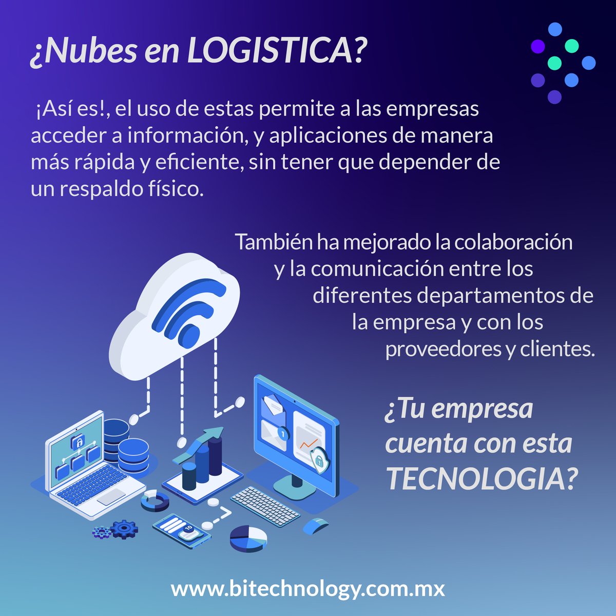 ¿Nubes en LOGISTICA?  ¡Así es!, el uso de estas permite a las empresas acceder a información, y aplicaciones de manera más rápida y eficiente, sin tener que depender de un respaldo físico.   🎯En Bitechnology, tenemos EXACTAMENTE LO QUE TU NECESITAS.  👉📲wa.me/message/YHK3WS…