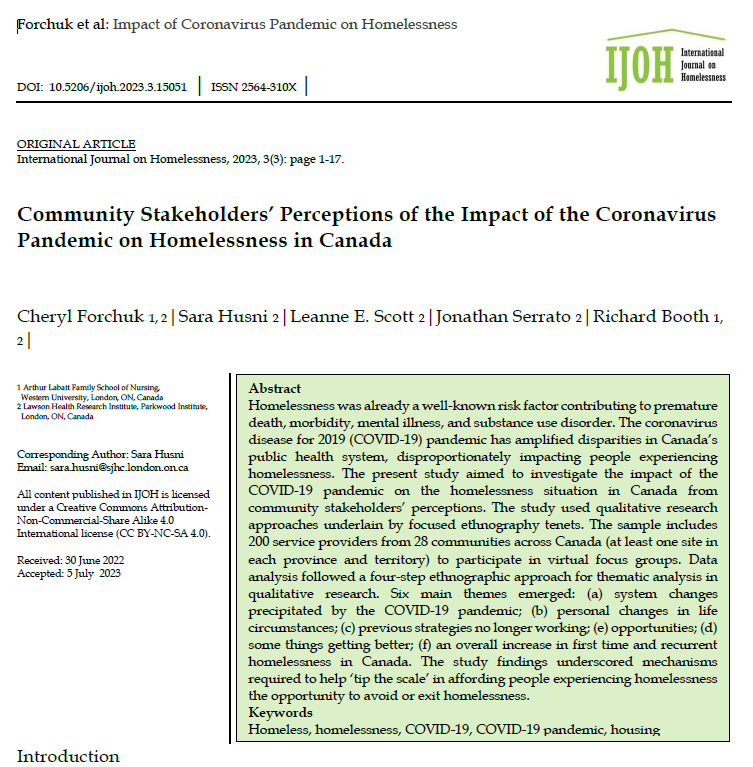 NEW ARTICLE! Available now as open access, online first at: ojs.lib.uwo.ca/index.php/ijoh… Cheryl Forchuk (@MHNRA_Forchuk) and colleagues spoke to service providers from coast to coast to coast in Canada to understand how the #Covid_19 #pandemic impacted #homelessness services: