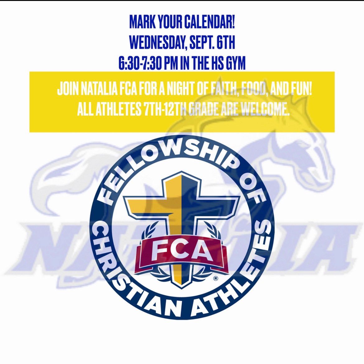 NataliaSports's tweet image. FCA invites you to our 1st meeting Wednesday, September 6th! All HS and JH athletes are welcome!