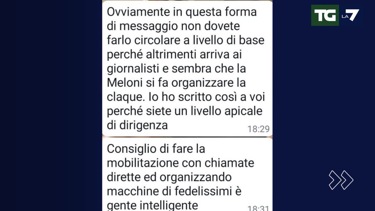 Il #TgLa7 pubblica dei messaggi inviati in una chat tra dirigenti di #FdI in cui si organizza la claque in occasione della visita del Presidente del Consiglio Giorgia Meloni a #Caivano.

<a href="/ultimora_pol/">Ultimora.net - POLITICS</a>