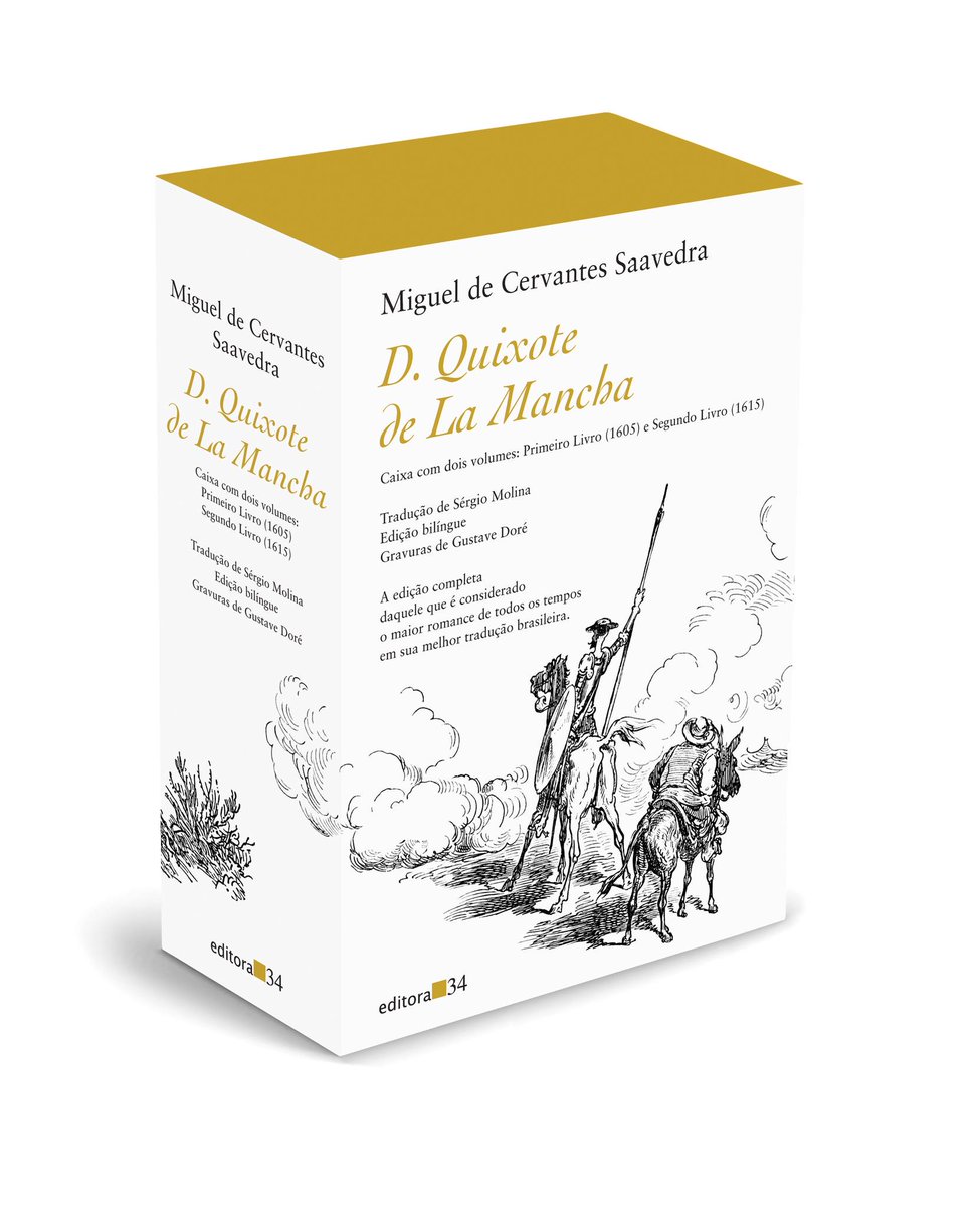 Letrasinverso's tweet photo. A #Editora34 celebra a publicação do “D. Quixote” com uma caixa reunindo os dois volumes da obra de Cervantes em edição bilíngue com tradução de Sérgio Molina e gravuras de Gustave Doré. https://t.co/sKrZj9lZkX https://t.co/i5ZFg49VQ1