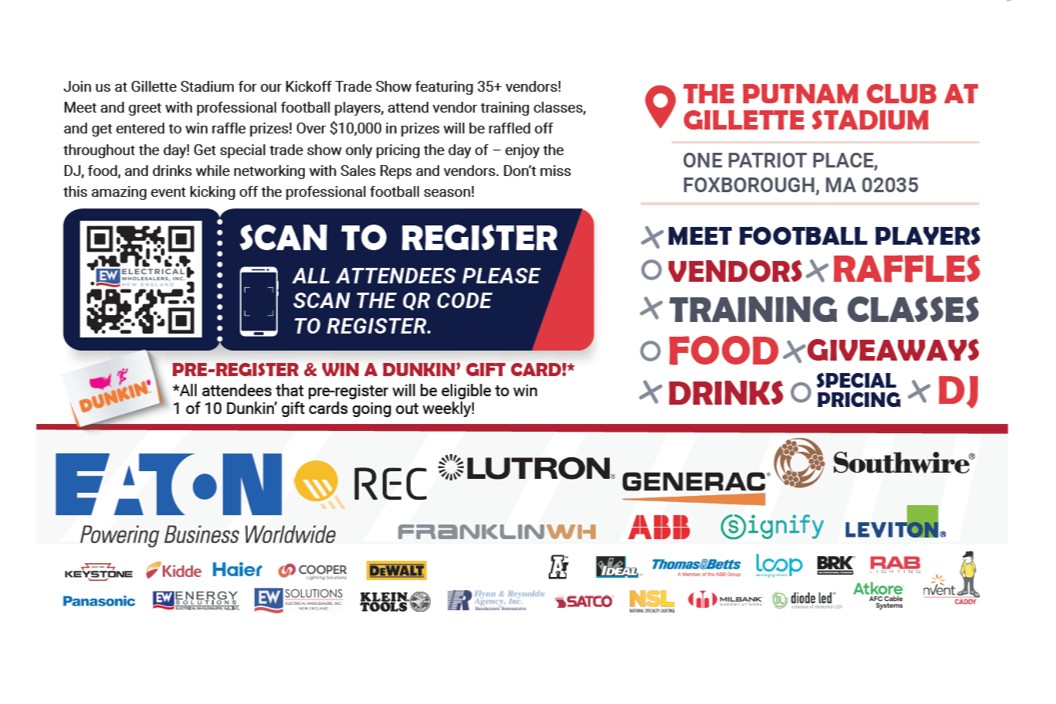 Only 1-week left until our first-ever Trade Show with Electrical Wholesalers New England!
Click the link below to pre-register for the event! #Solar #Solutions #electrical #GilletteStadium

ow.ly/Bcxr50PFvn0