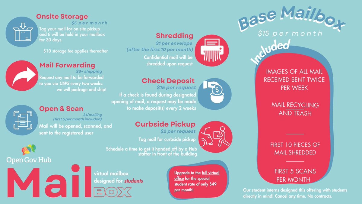 OpenGovHub's tweet image. Now introducing student pricing on our virtual office! Receive a virtual mailbox, access to online tools and resources, and exclusive invites to in-person and virtual events! Email info@opengovhub.org for details.  #studentpricing #virtualoffice #studentperks #virtualmailbox