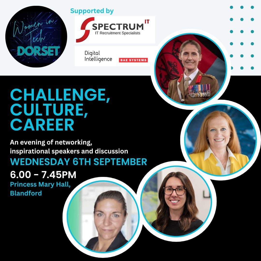 The next Women in Tech Dorset event is being held at Blandford Camp on September 6th.  Four leaders in their fields will talk about 'Challenge, Culture and Career' as women in technology. For more info and to book: orlo.uk/WomenInTech_v9… #WiTD #DigitalDorset
