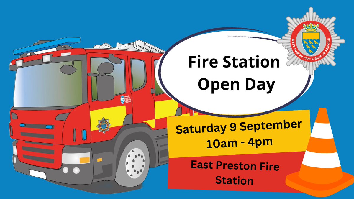 WestSussexFire's tweet photo. 🚒 Come and meet your local firefighters at East Preston Fire Station next Saturday, 9 September and enjoy a day of family fun! https://t.co/3ojIqNnx5i