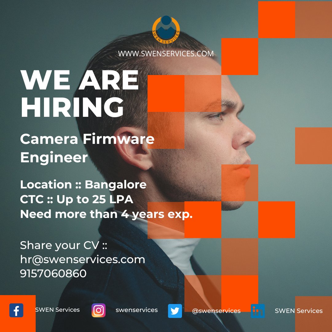 Swenservices's tweet image. #hiring #firmwareengineer
Call or share your CV on 9157060860 for more details
#bangalorejobs #jobsinbangalore #itandsoftware #firmware #camerafirmware #panindiaitjobs #engineer #bangaloreitjobs