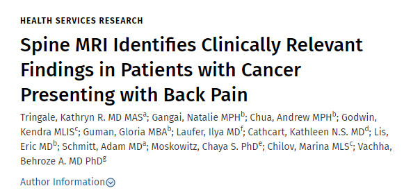 New from recent #radonc grad Dr @KathrynTringale: Over HALF of spine MRIs in pts with cancer ordered for back pain had cancer related findings & most findings (77-89%) were new/progressive. Total spine MRI increased odds of capturing new disease. 🩻journals.lww.com/spinejournal/a…