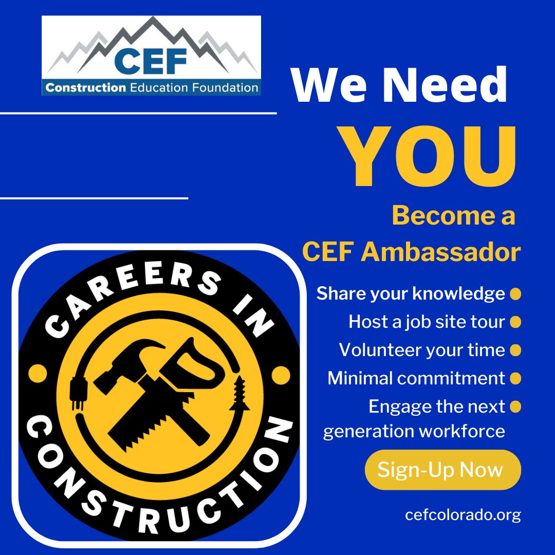 Become a CEF Ambassador and share your construction industry knowledge with the next generation of construction workforce! This is a fun, rewarding way to give back. Click here ow.ly/QjyE50Pr3Mx or call 720-532-0659 today! #webuildco #cefcolorado #constructioniseverything