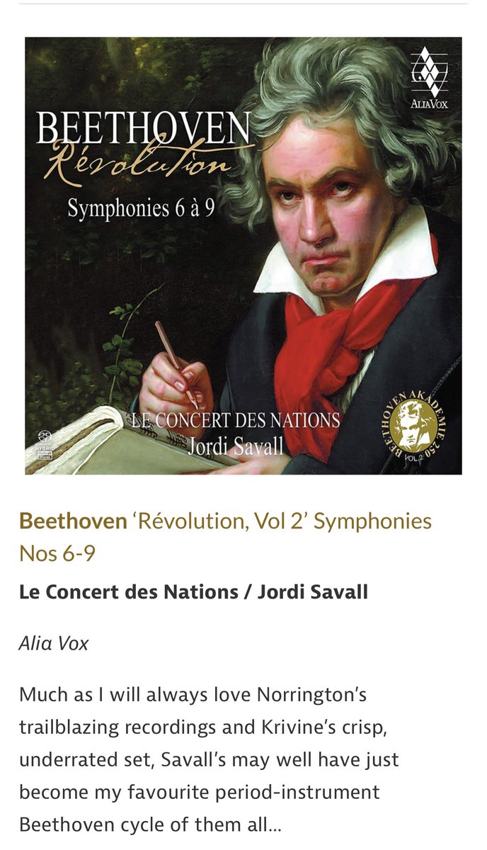 La prestigiosa revista británica <a href="/GramophoneMag/">Gramophone</a> ha publicado una selección de las 50 mejores grabaciones de Beethoven y entre las cinco integrales de las Sinfonías recomendadas está la reciente versión de <a href="/jordisavall/">Jordi Savall</a> junto a las de Harnoncourt, Jansons, Chailly y Karajan (1962)