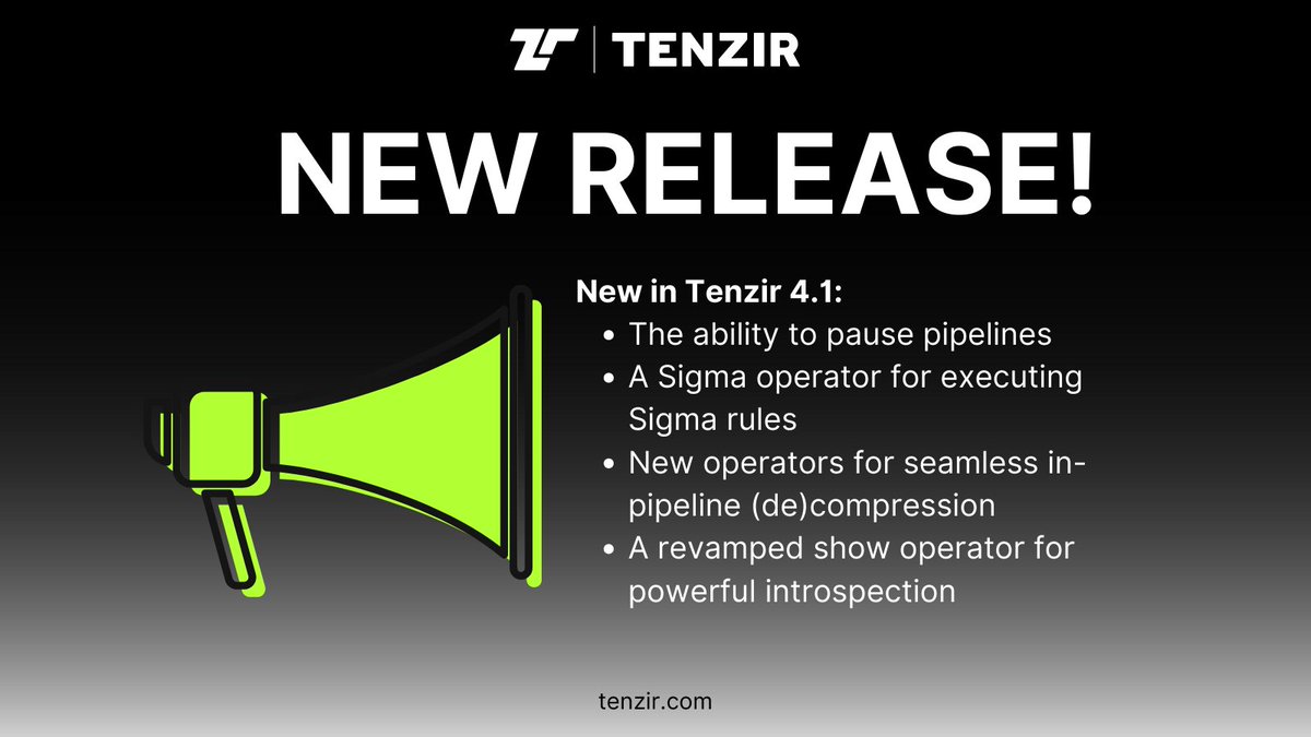 tenzir_company's tweet image. 📢 What’s new in Tenzir 4.1? 📢
◻️ Pipeline pausing
◻️ Sigma rule execution
◻️ In-pipeline (de)compression
Check it out: 🔗docs.tenzir.com/blog/tenzir-v4…
#SecDataOps #DataPipelines