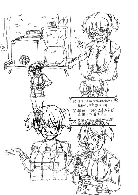 #一日一サンダース
キャンプ合同2ページ貰えるなら漫画+イラストで行くか。基本自転車島キャンなので小さな離島では衣食住すべてを背負って行かなきゃならない。キャンプ地が無い場所は住民の許可を得て港の片隅や船の待合所付近でテントを張らせてもらいます。アイディアラフ。 