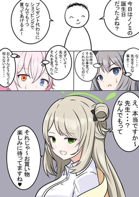 ノノミちゃんの誕生日漫画です!
絆ストーリー読み返したら意外と冗談言ったり、いたずらっ子な目をしたりで可愛かったですね☺

ノノミ「せんせ～こっちですよ～!」
ホシノ「マズイね...あっちはジュエリー店!」
シロコ「ん、阻止しないと!」
#ブルアカ #BlueArchive 